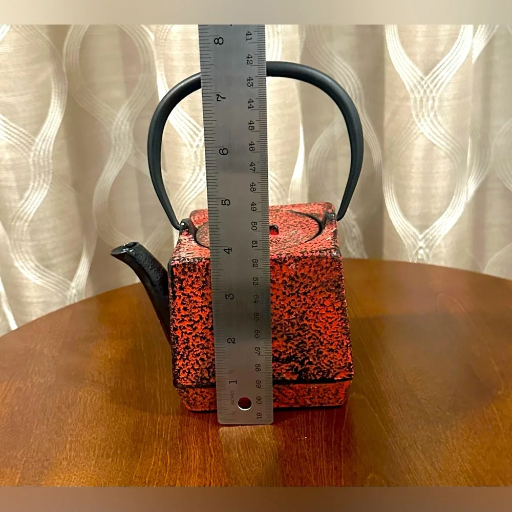 Red Cast Iron Teapot with Black Handle - Classic Home Kitchen Tea Kettle
